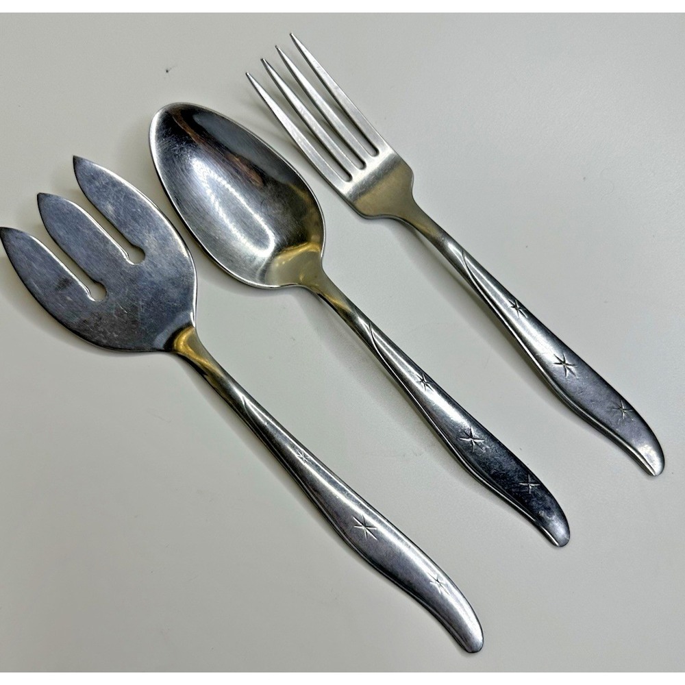 MarCrest CITATION Stainless USA Star Wavy Glossy Flatware Meat Fork Spoon 3 Pc